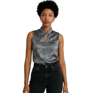 CONSPIRACY VINTAGE 90s Sleeveless Satin Blouse Gray Black Abstract Print Keyhole